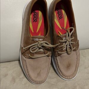 Sketchers Goga Max Tan and Brown Boat Shoes
